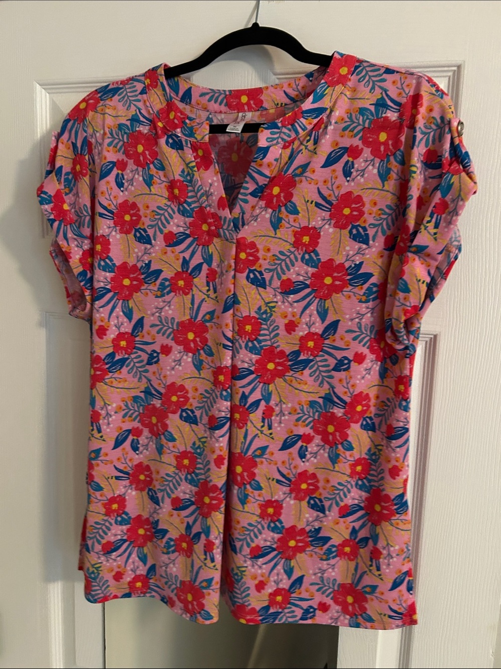 Pink Floral Notch-Neck Short Sleeve Blouse